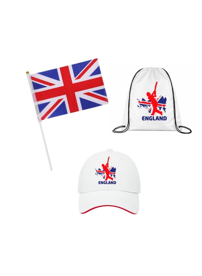 England Sports Fans Set - Pack of 3 Combo - Cap, Drawstring Bag, and Hand Flag - Ideal for Matches, Events, and Everyday Use - Perfect for Sports Fans - Image 1